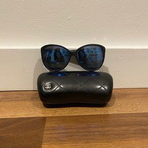CHANEL Black Blue Mirror Lens Sunglasses